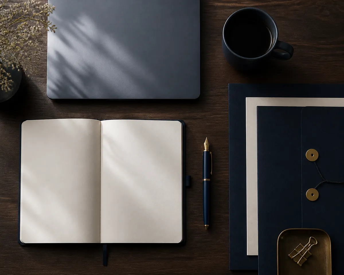 Cuaderno abierto, laptop y carpetas organizadas en un escritorio ejecutivo
